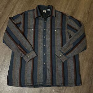 Vintage Shirt Jacket Mens XL Gray Striped Quilted Lined Shacket Wool Blend Snaps